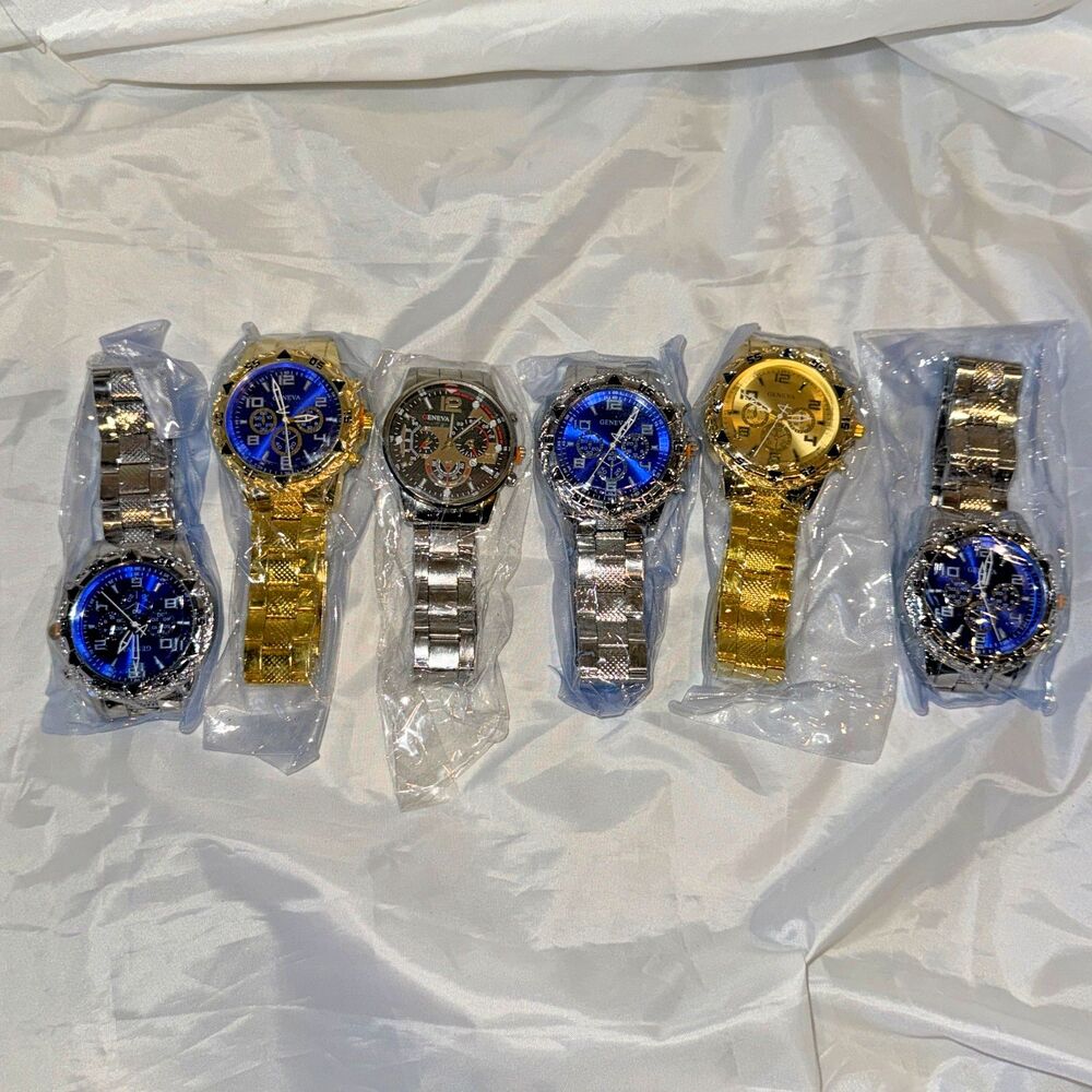 6 Geneva Luxury Watches, Mens Chronograph Gold Silver Blue White Gift New